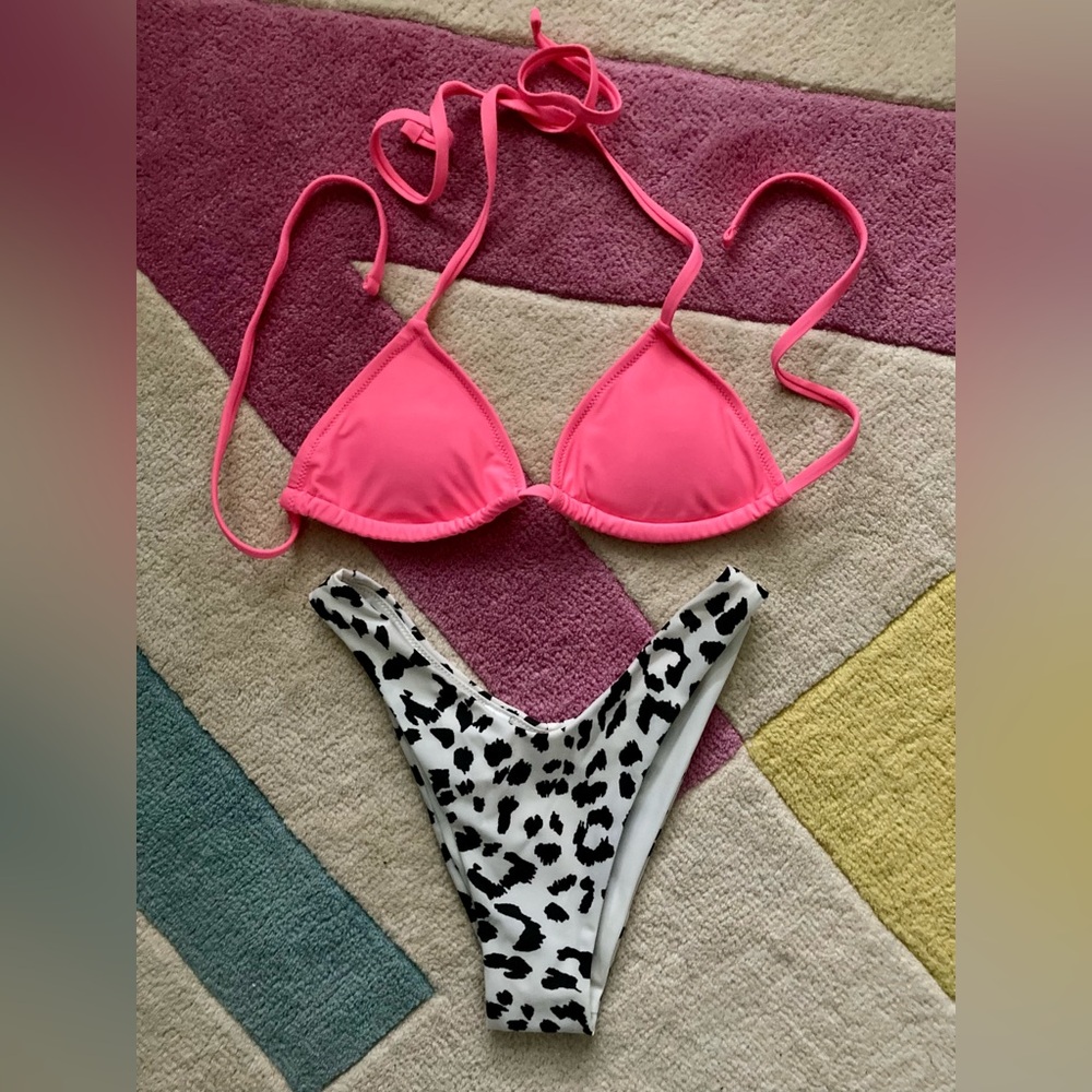 aerie Hot Pink Triangle Top Black White Leopard Cheekier Brazilian Bikini Set XS
